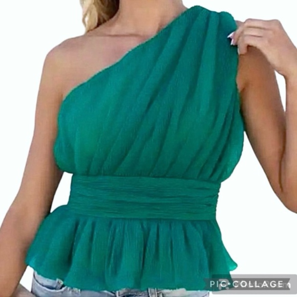 Endless Rose Top One Shoulder Shirred Tulle Jade Green XL Cocktail Chic Glam NWT